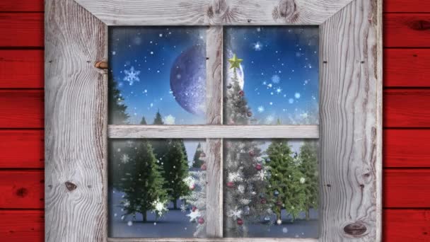 Віконна Рама Проти Сніжинок Падають Над Ялинкою Зимовому Пейзажі Різдвяні — стокове відео
