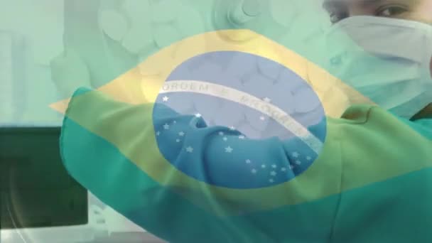 Анимация Флага Бразилии Размахивающего Над Хирургами Операционной Глобальная Медицина Медицинские — стоковое видео