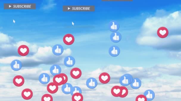 Анімація Падаючих Піктограм Соціальних Мереж Емоїдів Над Хмарним Небом Соціальні — стокове відео
