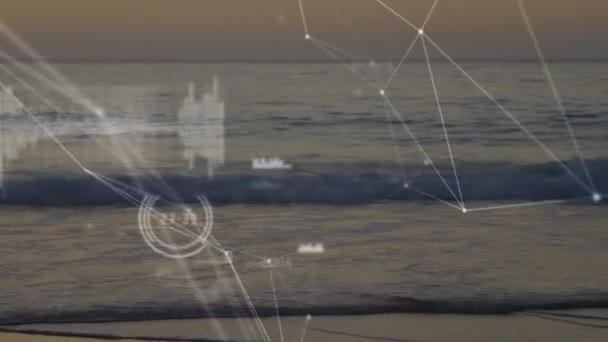 Animación Procesamiento Datos Redes Conexiones Sobre Playa Vacía Deportes Globales — Vídeo de stock