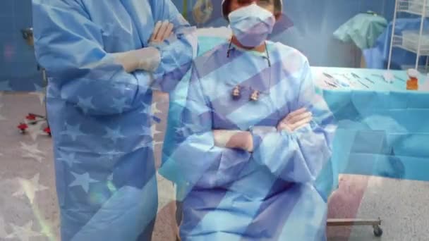 Animação Bandeira Dos Eua Acenando Sobre Cirurgiões Sala Operações Medicina — Vídeo de Stock