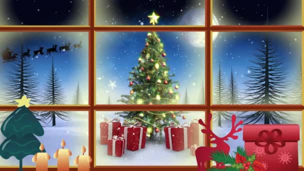 Animasi Pemandangan Musim Dingin Dengan Santa Giring Dengan Rusa Natal — Stok Video