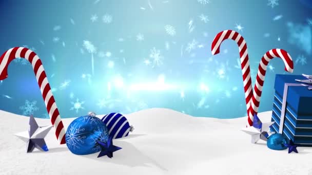 Animace Sněhu Padající Přes Vánoční Cukroví Dárek Modrém Pozadí Vánoční — Stock video