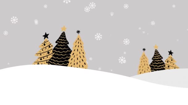 雪橇上的桑塔爪和驯鹿在雪片和灰色背景的冷杉上的动画 圣诞节 传统和庆祝概念数字制作的视频 — 图库视频影像