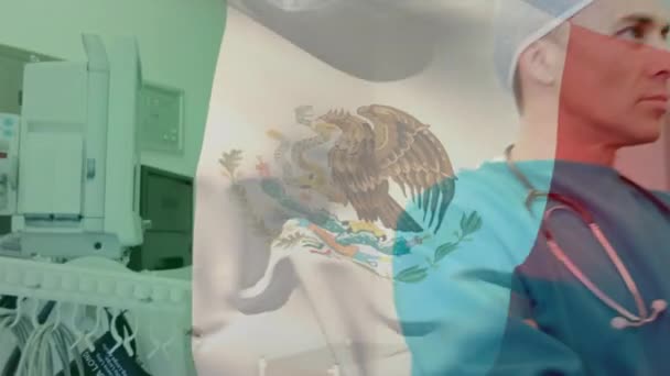 在手术室里 墨西哥国旗在麻醉师面前飘扬 全球医学 围产期保健服务 数码制作的19种流行病概念视频 — 图库视频影像