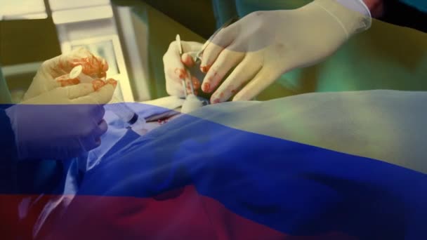 Animación Bandera Camuflaje Ondeando Sobre Cirujanos Quirófano Medicina Global Servicios — Vídeos de Stock