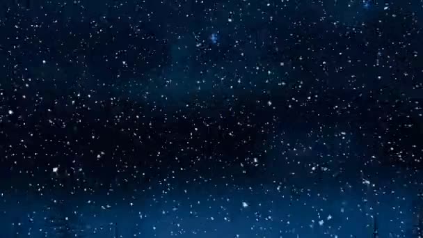 Śnieg Pada Lśniące Niebieskie Gwiazdy Nocnym Niebie Koncepcja Świąt Bożego — Wideo stockowe