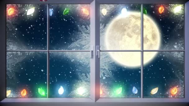 トナカイが月の上を移動すると 雪の中でクリスマス湾やサンタ クラスの上に窓のアニメーション クリスマス お祝いのコンセプトをデジタルで — ストック動画