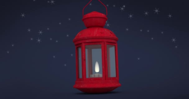 Animation Christmas Lantern Snow Falling Dark Background Christmas Winter Tradition — Stock Video