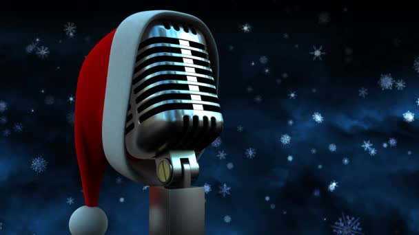 Animatie Van Sneeuw Vallen Microfoon Met Kerst Hoed Donkere Achtergrond — Stockvideo