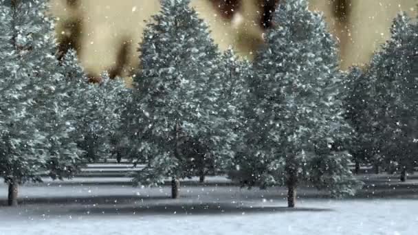 Сніг Падає Над Зимовим Пейзажем Декількома Деревами Проти Неба Різдвяні — стокове відео