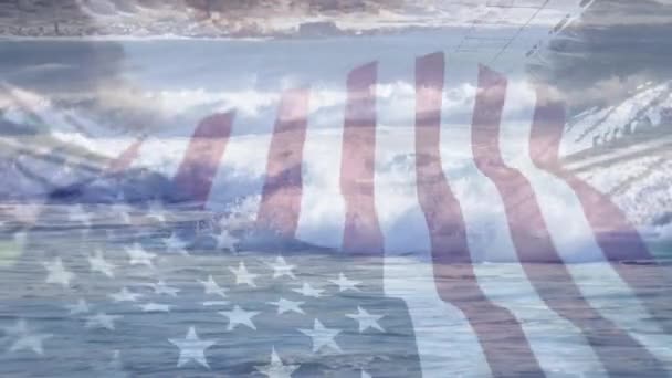 Анимация Флага Соединенных Штатов Америки Дующего Над Волнами Море Путешествия — стоковое видео