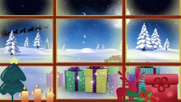 Анімація Подарунків Над Зимовими Пейзажами Санта Клаусом Оленями Різдво Зима — стокове відео