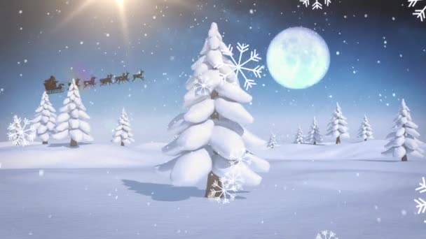 Copos Nieve Cayendo Contra Árbol Navidad Paisaje Invierno Contra Luna — Vídeos de Stock