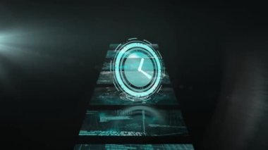 Saatin animasyonu ve veri işleme ile birlikte ekranlar ileri gidiyor. küresel bağlantılar, veri işleme ve dijital arayüz konsepti dijital olarak oluşturulmuş video.