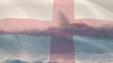 Denizde dalgalara karşı İngiltere bayrağı sallamanın dijital bileşimi. Ulusal turizm ve seyahat kavramı