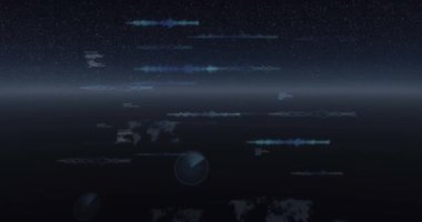 Parlayan ufukta görüntülenen veri işleme ve dürbün animasyonları. küresel bağlantılar, dijital arayüz ve dijital olarak oluşturulmuş video işleme konsepti.