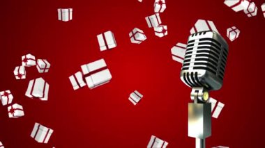 Kırmızı arka plana düşen yılbaşı hediyeli klasik mikrofon animasyonu. Noel, kış, gelenek ve kutlama konsepti dijital olarak oluşturulmuş video.