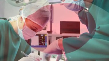 Ameliyathanede cerrahların üzerinde sallanan Japon bayrağının animasyonu. küresel tıp, covid 19 pandemik konsept sırasında sağlık hizmetleri dijital olarak üretilen video.