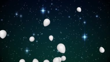 Yıldızların üzerinde uçan beyaz balonların animasyonu. Yeni yıl partisi, noel ve kutlama konsepti dijital olarak oluşturulmuş video.