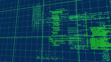 Mavi zemin üzerinde veri işleme animasyonu. küresel bağlantılar, veri işleme ve dijital arayüz konsepti dijital olarak oluşturulmuş video.