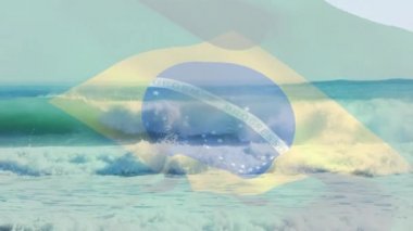 Denizde dalgalara karşı Brezilya bayrağı sallamanın dijital bileşimi. Ulusal turizm ve seyahat kavramı