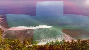 Denizdeki dalgaların havadan görüntüsüne karşı dalgalanan İsviçre bayrağının dijital bileşimi. Ulusal seyahat ve turizm kavramı