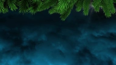 Noel ağacı dalları ve kar taneleri kayan yıldızın üzerinde mavi arka planda. Noel şenliği ve kutlama konsepti