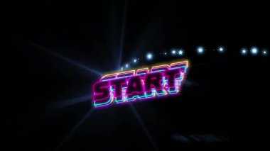 Mavi yıldızların ve parlayan ışık izlerinin üzerindeki metnin canlandırması. Video oyunu, eğlence ve dijital arayüz kavramı dijital olarak oluşturuldu.