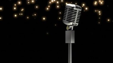 Karanlık arka planda mikrofona düşen yıldızların animasyonu. eğlence, müzik ve kutlama konsepti dijital olarak oluşturulmuş video.