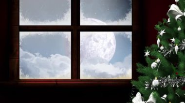 Noel Baba 'nın ren geyiğiyle kızakta olduğu kış manzarasının animasyonu. Noel, kış, gelenek ve kutlama konsepti dijital olarak oluşturulmuş video.