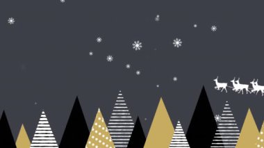 Noel Baba 'nın Noel Baba' yla kızakta köknar ağaçları ve düşen kar üzerindeki ren geyikleriyle canlandırması. Noel, gelenek ve kutlama konsepti dijital olarak oluşturuldu.