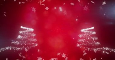Kayan yıldızın üzerine düşen kar taneleri kırmızı arka planda iki Noel ağacı oluşturuyor. Noel şenliği ve kutlama konsepti