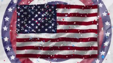 Konfeti, dönen dairelerde Amerikan bayrağını birden fazla yıldıza sallıyor. Amerikan bağımsızlığı ve kutlama konsepti