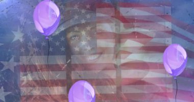 Mutlu gaziler günü afişleri ve balon ikonları beyaz kadın askerin kızına sarılmasının üzerine. Amerikan vatanseverliği ve gaziler günü konsepti