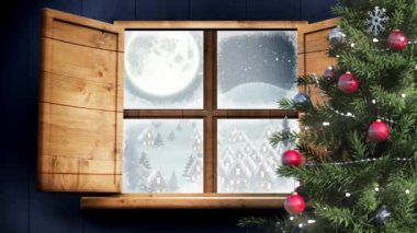 Noel Baba 'nın ren geyiğiyle kızakta olduğu kış manzarasının animasyonu. Noel, kış, gelenek ve kutlama konsepti dijital olarak oluşturulmuş video.