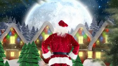 Noel Baba 'nın dikiz aynasından kar yağıyor. Kış manzarasında birden fazla ev ve ağaç var. Noel şenliği ve kutlama konsepti