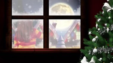 Kış manzarasının animasyonu. Kız el sallıyor ve Noel Baba ren geyiğiyle kızakta. Noel, kış, gelenek ve kutlama konsepti dijital olarak oluşturulmuş video.
