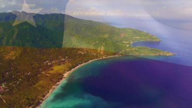 Deniz manzarasında dalgalanan Şili bayrağının animasyonu. seyahat, tatiller, vatanseverlik ve dijital olarak üretilen video konsepti.