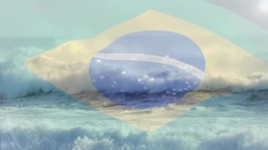 Brezilya bayrağının dijital bileşimi denizdeki dalgaların havadan görünüşüne karşı. Ulusal seyahat ve turizm kavramı