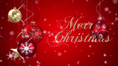 Mutlu noel mesajlarına düşen kar animasyonu ve kırmızı arka planda Noel ağacı süslemeleri. Noel, gelenek ve kutlama konsepti dijital olarak oluşturuldu.