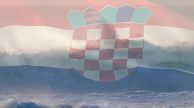 Denizde dalgalara karşı Hırvat bayrağı sallamanın dijital bileşimi. Ulusal turizm ve seyahat kavramı