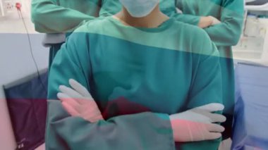 Ameliyathanede cerrahların üzerinde dalgalanan Rusya bayrağının animasyonu. küresel tıp, covid 19 pandemik konsept sırasında sağlık hizmetleri dijital olarak üretilen video.