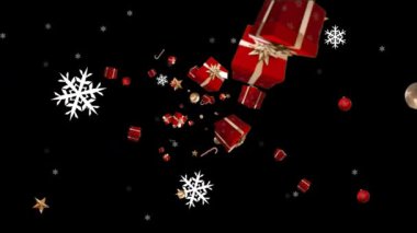 Yılbaşı hediyeleri ve siyah arka planda yağan karların animasyonu. Noel, gelenek ve kutlama konsepti dijital olarak oluşturuldu.