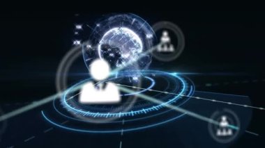 Siyah arkaplanda dönen dünyayı çevreleyen tarayıcıya karşı profil simgeleri ağı. küresel ağ ve bilgisayar arayüzü teknolojisi kavramı