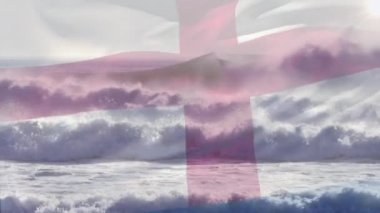 Denizde dalgalara karşı dalgalanan İngiliz bayrağının dijital bileşimi. Ulusal seyahat ve turizm kavramı