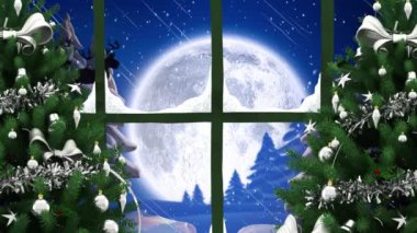 Noel Baba 'nın kızak içindeki animasyonu. Pencereden kar yağan ren geyiği. Noel, gelenek ve kutlama konsepti dijital olarak oluşturuldu.