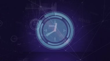 Mor arkaplandaki veri işleme üzerindeki saatin animasyonu. küresel bilim ve dijital arayüz kavramı dijital olarak oluşturulmuş video.
