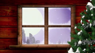 Kış manzarası boyunca Noel Baba 'yla Noel ağacı animasyonu. Noel, kış, gelenek ve kutlama konsepti dijital olarak oluşturulmuş video.
