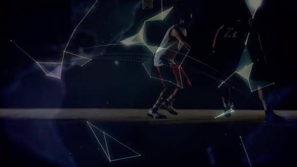 Анімація Мереж Язків Глобусом Над Різними Баскетболістами Спортзалі Концепція Глобального — стокове відео